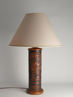 Mid-Century Modern Aztec Motif Hand Tooled Leather Table Lamp-RUK-1822428