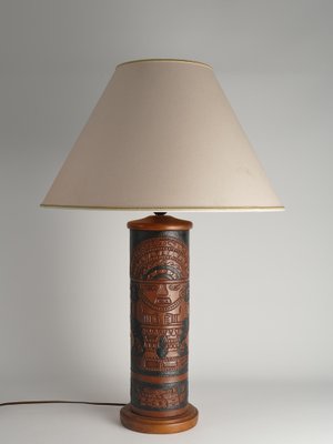 Mid-Century Modern Aztec Motif Hand Tooled Leather Table Lamp-RUK-1822428