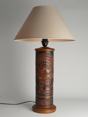 Mid-Century Modern Aztec Motif Hand Tooled Leather Table Lamp-RUK-1822428