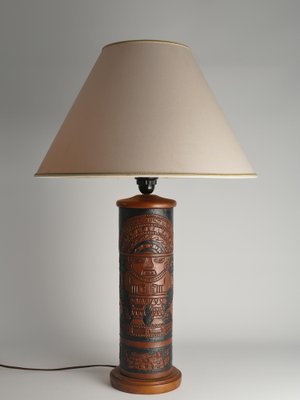 Mid-Century Modern Aztec Motif Hand Tooled Leather Table Lamp-RUK-1822428