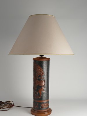 Mid-Century Modern Aztec Motif Hand Tooled Leather Table Lamp-RUK-1822428