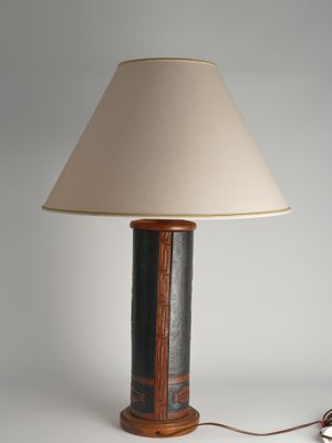 Mid-Century Modern Aztec Motif Hand Tooled Leather Table Lamp-RUK-1822428