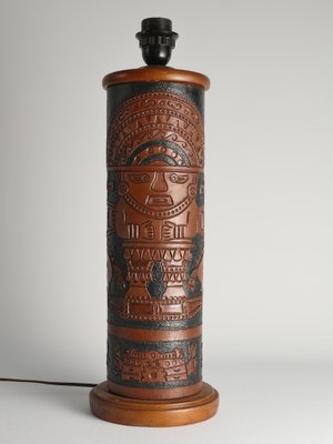 Mid-Century Modern Aztec Motif Hand Tooled Leather Table Lamp-RUK-1822428