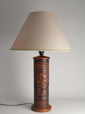 Mid-Century Modern Aztec Motif Hand Tooled Leather Table Lamp-RUK-1822428