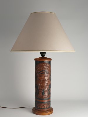 Mid-Century Modern Aztec Motif Hand Tooled Leather Table Lamp-RUK-1822428