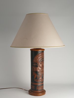 Mid-Century Modern Aztec Motif Hand Tooled Leather Table Lamp-RUK-1822428