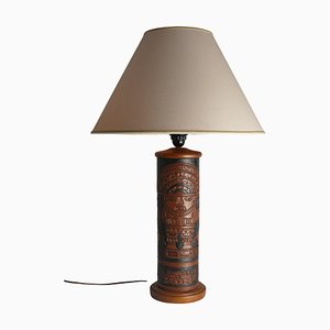 Mid-Century Modern Aztec Motif Hand Tooled Leather Table Lamp-RUK-1822428