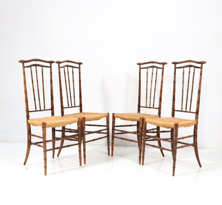 Mid-Century Modern Beech and Faux Bamboo High Back Dining Room Chairs, 1970s, Set of 4-MY-1451597