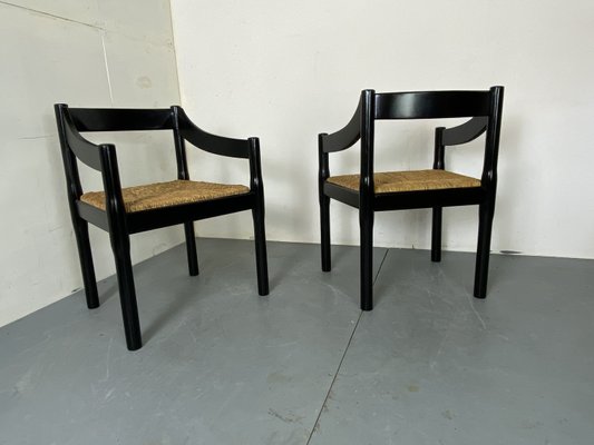 Mid-Century Modern Black Beech and Papercord Carimate Chairs by Vico Magistretti, 1960s, Set of 2-DE-2035983