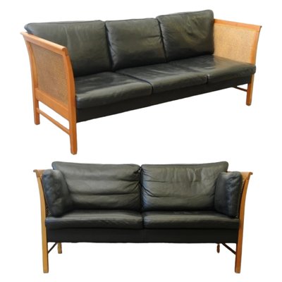 Mid-Century Modern Black Leather Model Embassador Sofas in Rattan & Cherry by Okamura & Maquardsen for Skipper, Denmark, 1960s, Set of 2-TCS-1785824