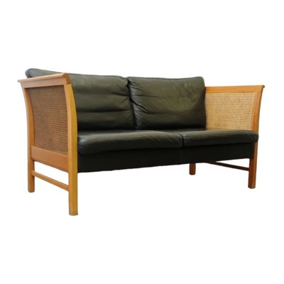 Mid-Century Modern Black Leather Model Embassador Sofas in Rattan & Cherry by Okamura & Maquardsen for Skipper, Denmark, 1960s, Set of 2-TCS-1785824