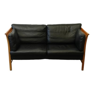 Mid-Century Modern Black Leather Model Embassador Sofas in Rattan & Cherry by Okamura & Maquardsen for Skipper, Denmark, 1960s, Set of 2-TCS-1785824