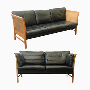 Mid-Century Modern Black Leather Model Embassador Sofas in Rattan & Cherry by Okamura & Maquardsen for Skipper, Denmark, 1960s, Set of 2-TCS-1785824