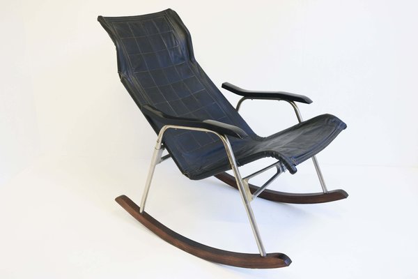 Mid-Century Modern Black Leather Rocking Chair by Takeshi Nii, 1960s-WIP-2041096