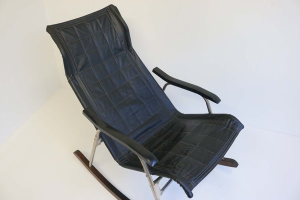 Mid-Century Modern Black Leather Rocking Chair by Takeshi Nii, 1960s-WIP-2041096