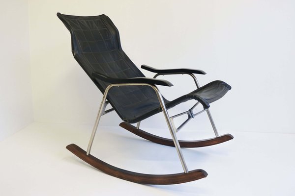 Mid-Century Modern Black Leather Rocking Chair by Takeshi Nii, 1960s-WIP-2041096