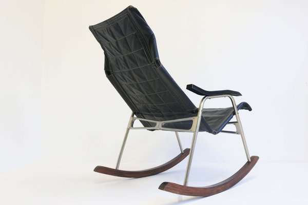 Mid-Century Modern Black Leather Rocking Chair by Takeshi Nii, 1960s-WIP-2041096