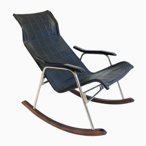 Mid-Century Modern Black Leather Rocking Chair by Takeshi Nii, 1960s-WIP-2041096