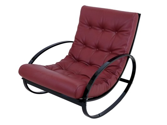 Mid-Century Modern Black Steel Tube Rocking Chair with Red Leather Upholstery-CXC-1752462