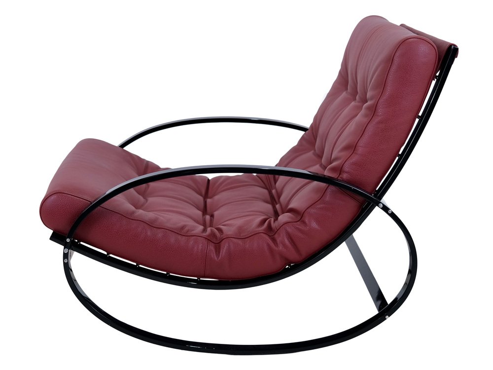 Mid-Century Modern Black Steel Tube Rocking Chair with Red Leather Upholstery