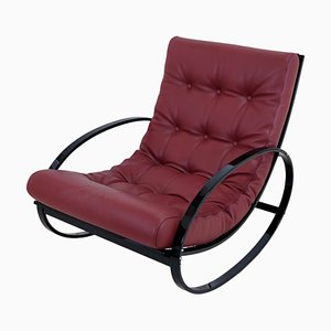 Mid-Century Modern Black Steel Tube Rocking Chair with Red Leather Upholstery-CXC-1752462