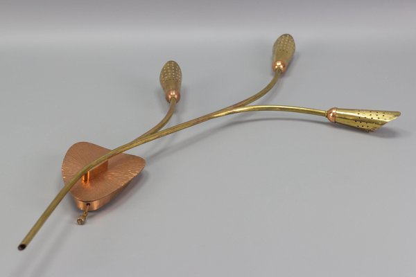 Mid-Century Modern Brass and Copper Cone-Shaped Three Light Wall Sconce-KEG-1086731