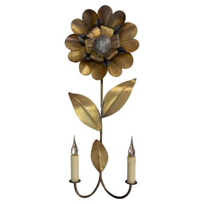 Mid-Century Modern Brass and Metal Flower-Shaped Twin Arm Sconce, France, 1950s-KEG-1720298