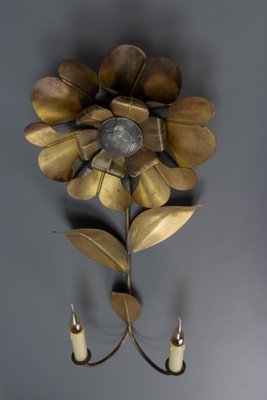 Mid-Century Modern Brass and Metal Flower-Shaped Twin Arm Sconce, France, 1950s-KEG-1720298