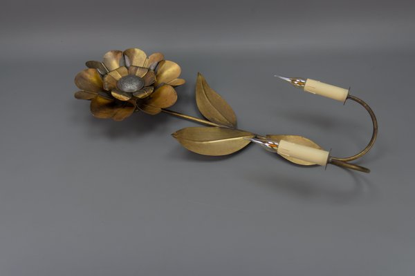 Mid-Century Modern Brass and Metal Flower-Shaped Twin Arm Sconce, France, 1950s-KEG-1720298