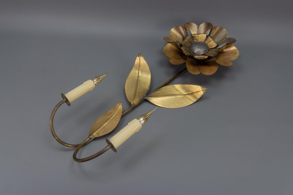 Mid-Century Modern Brass and Metal Flower-Shaped Twin Arm Sconce, France, 1950s-KEG-1720298