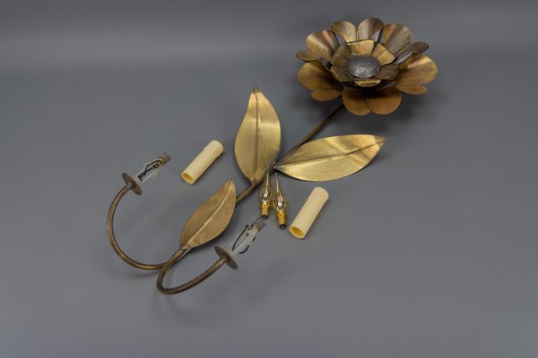 Mid-Century Modern Brass and Metal Flower-Shaped Twin Arm Sconce, France, 1950s-KEG-1720298