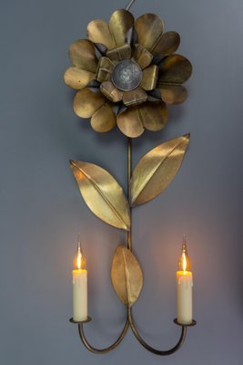 Mid-Century Modern Brass and Metal Flower-Shaped Twin Arm Sconce, France, 1950s-KEG-1720298