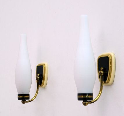 Mid-Century Modern Brass and Opal Glass Sconces in the Style of Stilnovo, Set of 2-FER-999540