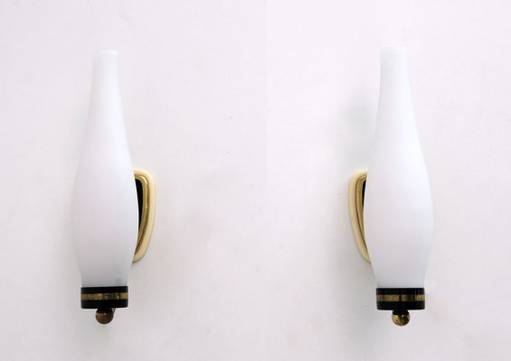 Mid-Century Modern Brass and Opal Glass Sconces in the Style of Stilnovo, Set of 2-FER-999540