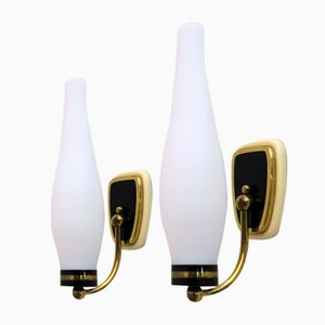 Mid-Century Modern Brass and Opal Glass Sconces in the Style of Stilnovo, Set of 2-FER-999540