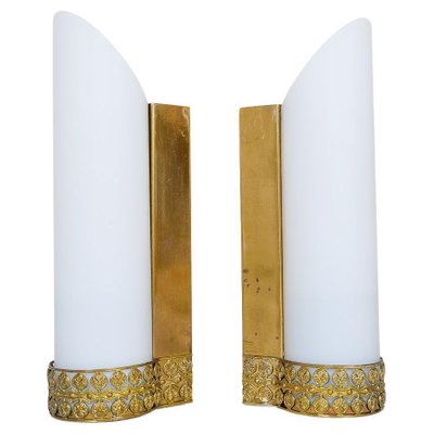 Mid-Century Modern Brass and Opaline Wall Lamps Attributed to Asea Sweden, Set of 2-UYK-1181642