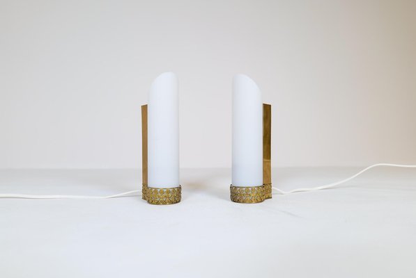 Mid-Century Modern Brass and Opaline Wall Lamps Attributed to Asea Sweden, Set of 2-UYK-1181642