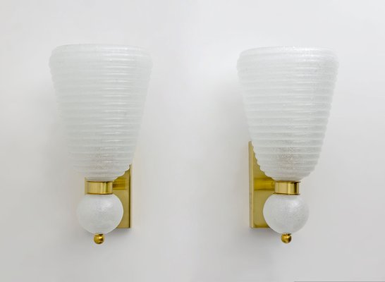 Mid-Century Modern Brass and Pelugoso Murano Glass Sconces, 1980s, Set of 2-FER-1821795