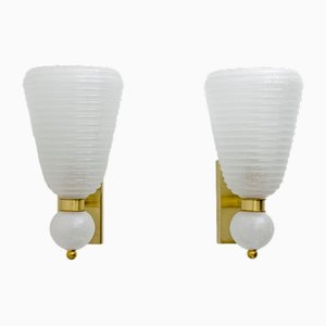 Mid-Century Modern Brass and Pelugoso Murano Glass Sconces, 1980s, Set of 2-FER-1821795