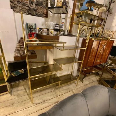 Mid-Century Modern Brass and Smoked Glass Italian Bookcase, 1970s-NMK-1311078