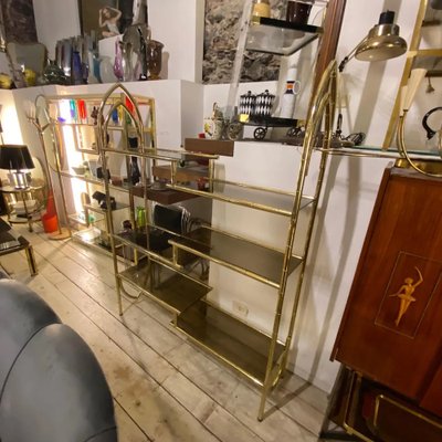 Mid-Century Modern Brass and Smoked Glass Italian Bookcase, 1970s-NMK-1311078