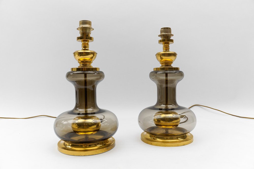 Mid-Century Modern Brass and Smoked Glass Table Lamp Bases, Germany, 1960s, Set of 2