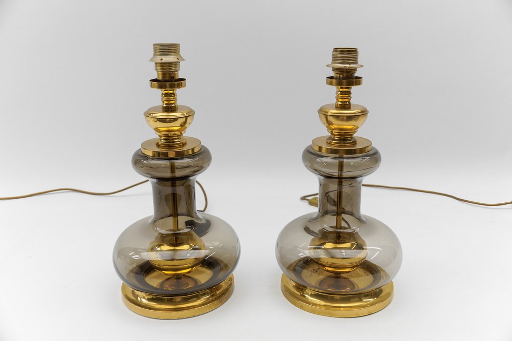 Mid-Century Modern Brass and Smoked Glass Table Lamp Bases, Germany, 1960s, Set of 2