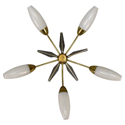 Mid-Century Modern Brass and White Glass Five-Light Sputnik Flush Mount, Italy, 1950s-KEG-1750888