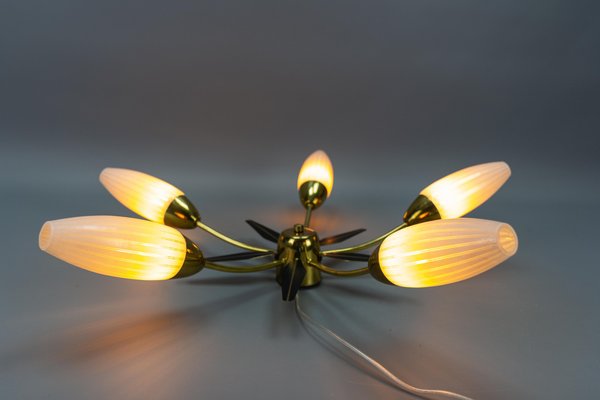 Mid-Century Modern Brass and White Glass Five-Light Sputnik Flush Mount, Italy, 1950s-KEG-1750888