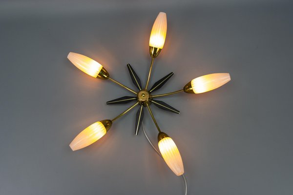 Mid-Century Modern Brass and White Glass Five-Light Sputnik Flush Mount, Italy, 1950s-KEG-1750888