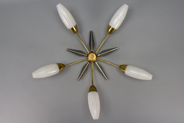 Mid-Century Modern Brass and White Glass Five-Light Sputnik Flush Mount, Italy, 1950s-KEG-1750888