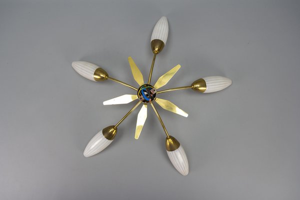 Mid-Century Modern Brass and White Glass Five-Light Sputnik Flush Mount, Italy, 1950s-KEG-1750888