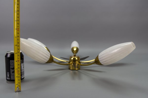 Mid-Century Modern Brass and White Glass Five-Light Sputnik Flush Mount, Italy, 1950s-KEG-1750888