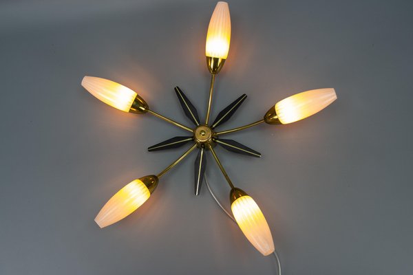 Mid-Century Modern Brass and White Glass Five-Light Sputnik Flush Mount, Italy, 1950s-KEG-1750888